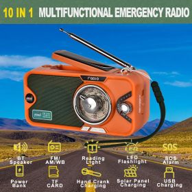 3600mAh Emergency Crank &NOAA Weather Radio; Hand Crank/Solar/USB Charging; Portable Radio With (AM FM /WB); Radio With Other Function For BT Spe