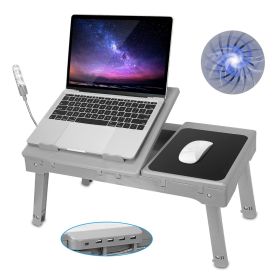 Foldable Laptop Table Bed Desk w/Cooling Fan Mouse Board LED 4 USB Ports Snacking Tray with Storage for Home Office (Color: Gray, size: One size)